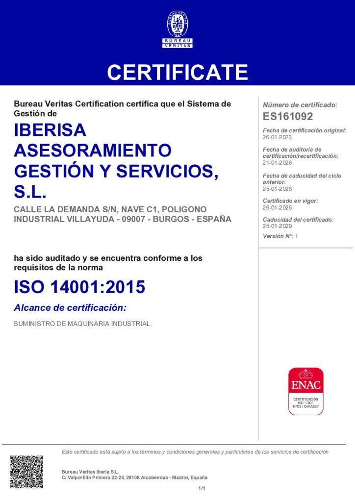 Vista previa del certificado ISO 14001 de IBERISA GROUP emitido por Bureau Veritas